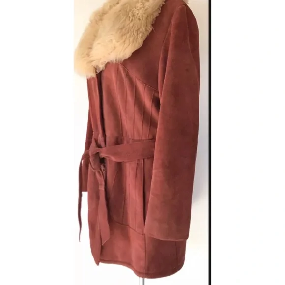 VTG Suede Leather Orange Fur Sherpa Belted Penny Lane jacket - Picture 6 of 13
